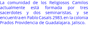 La comunidad de los Religiosos Camilos actualmente está formada por tres sacerdotes y dos seminaristas, y se encuentra en Pablo Casals 2983, en la colonia Prados Providencia de Guadalajara, Jalisco. 